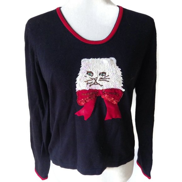 Cat Embellished "Sweater Weather" Scoop-Neck/ Sequined White Persian/ Red Bow/ - Picture 1 of 7